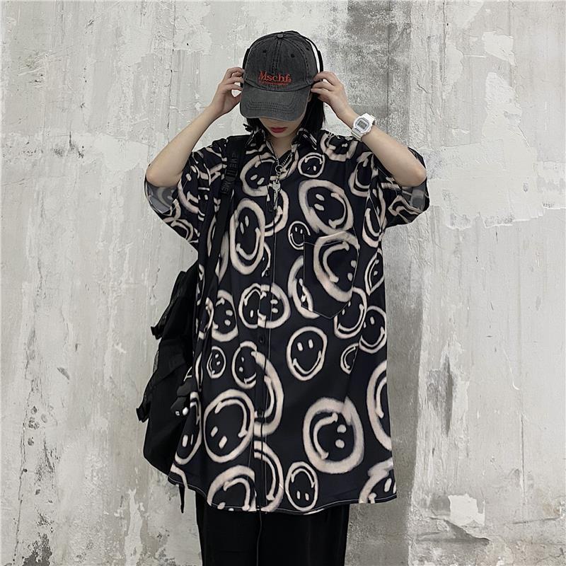 Áo Thun Tay Ngắn Dáng Rộng In Hình Mặt Cười Phong Cách Hip Hop Đường Phố Thời Trang Mùa Hè Cho Nam Và Nữ