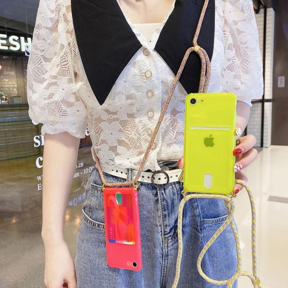 Ốp điện thoại mềm có dây đeo màu trong suốt dạ quang có ngăn đựng thẻ cho iPhone tphcm