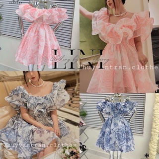 Váy hoa bèo ngực trễ vai siêu bồng xoè hàng chuẩn thuý vân trần