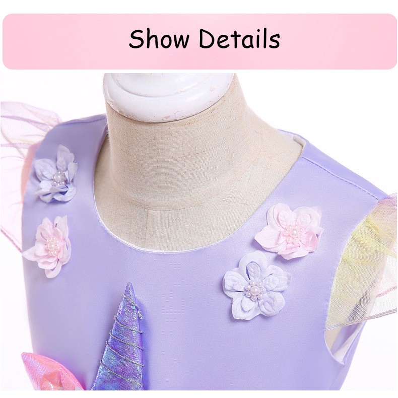 Đầm xòe vải lưới thiết kế kỳ lân hoạt hình phong cách công chúa dành cho bé gái