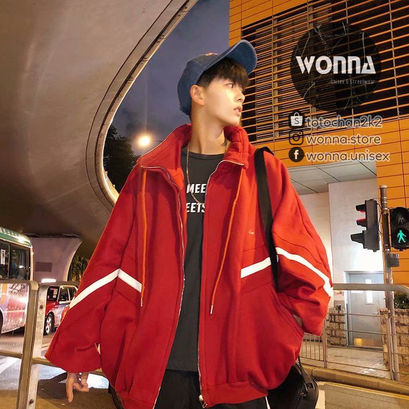 (ORDER) (Kèm ảnh thật) Áo Khoác Nỉ Unisex Ulzzang Oversize Hàn sọc viền trắng form rộng áo nam nữ Quảng Châu đỏ đen