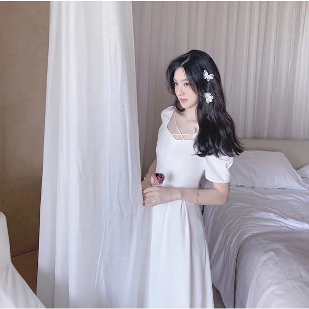 [MURIOKI] Đầm Dự Tiệc Dáng Dài Cổ Vuông Màu Trắng Phong Cách Pháp Thời Trang Sang Trọng Cho Nữ đầm đi chơi nước ngoài