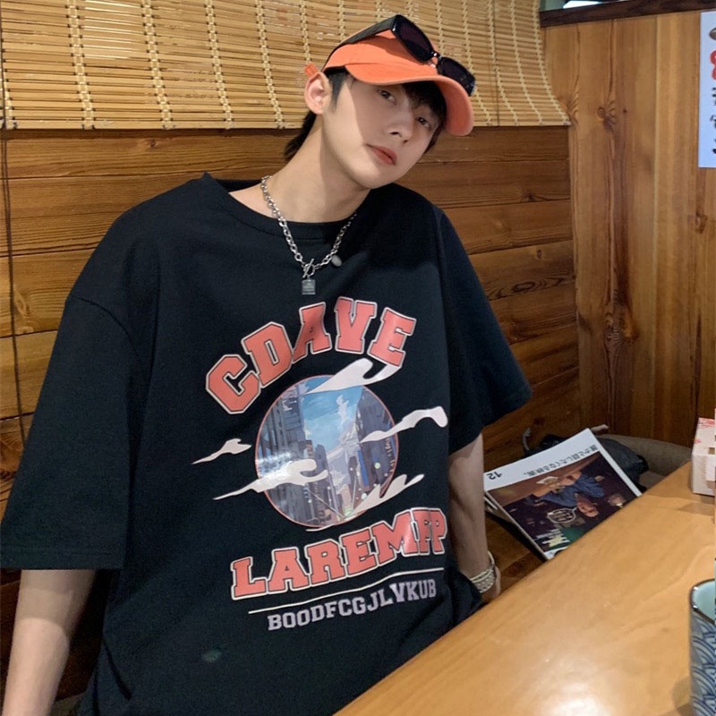 Áo thun tay ngắn cổ tròn dáng rộng in chữ phong cách đường phố Hàn Quốc cho nam size lớn S-8XL