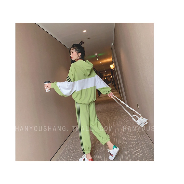 Set Đồ Thể Thao Gồm Áo Hoodie Dáng Rộng + Quần Dài Kẻ Sọc Phong Cách Thời Trang