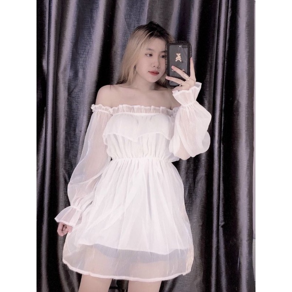 Đầm Xoè công chúa trễ vai vải tơ gân óng ánh Cao cấp (VIDEO THẬT) ❤