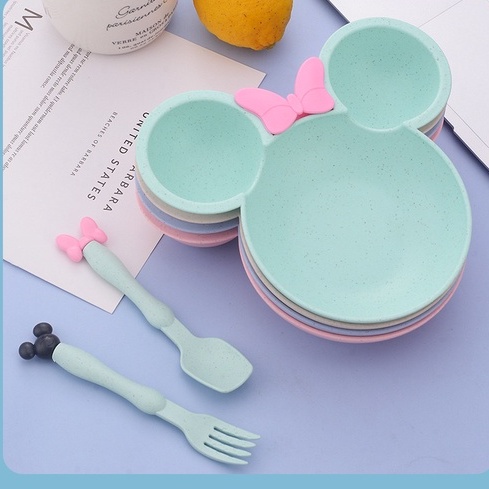 Bát Ăn Dặm Cho Bé Bát Ăn Cơm 3 Ngăn Hình Mickey Làm Từ Nhựa Lúa Mạch An Toàn Kèm Thìa Dĩa