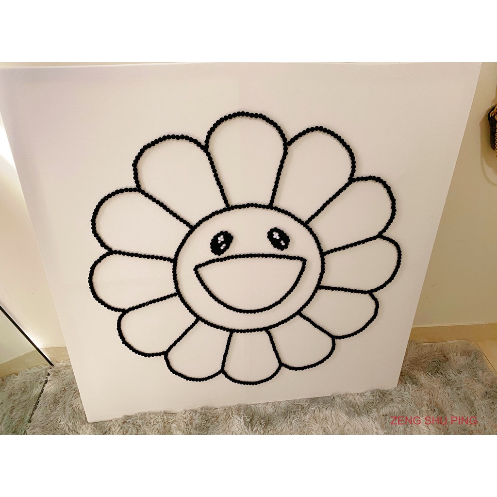 [ Tranh Kaikaikiki handmade] Tranh hoa mặt cười 7 màu tự đính bằng cục bông gòn siêu xinh treo tường