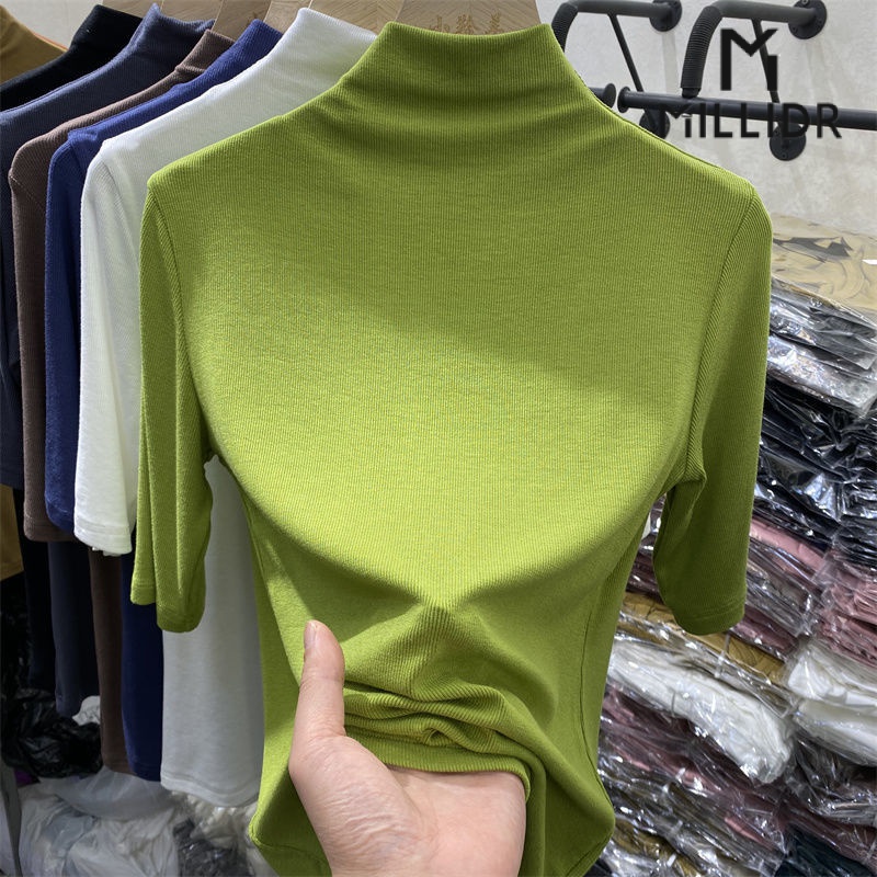 Áo Thun Tay Lửng Cổ Cao Xinh Xắn Dành Cho Nữ