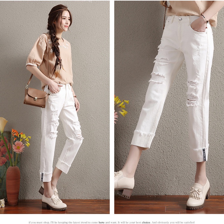 Nine-cent trousers torn jeans women's loose wide-legged straight trousers summer trousers new style casual outer wear
