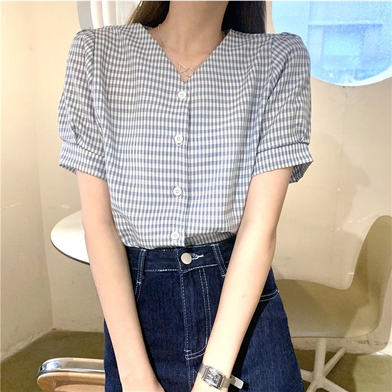 Áo sơ mi nữ ngắn tay cổ tim chữ V phong cách ulzzang Hàn Quốc S190