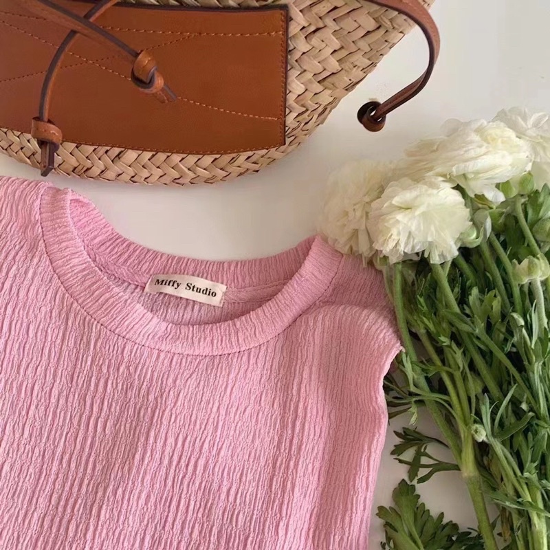 Áo thun xốp nhăn tay ngắn cổ tròn màu pastel