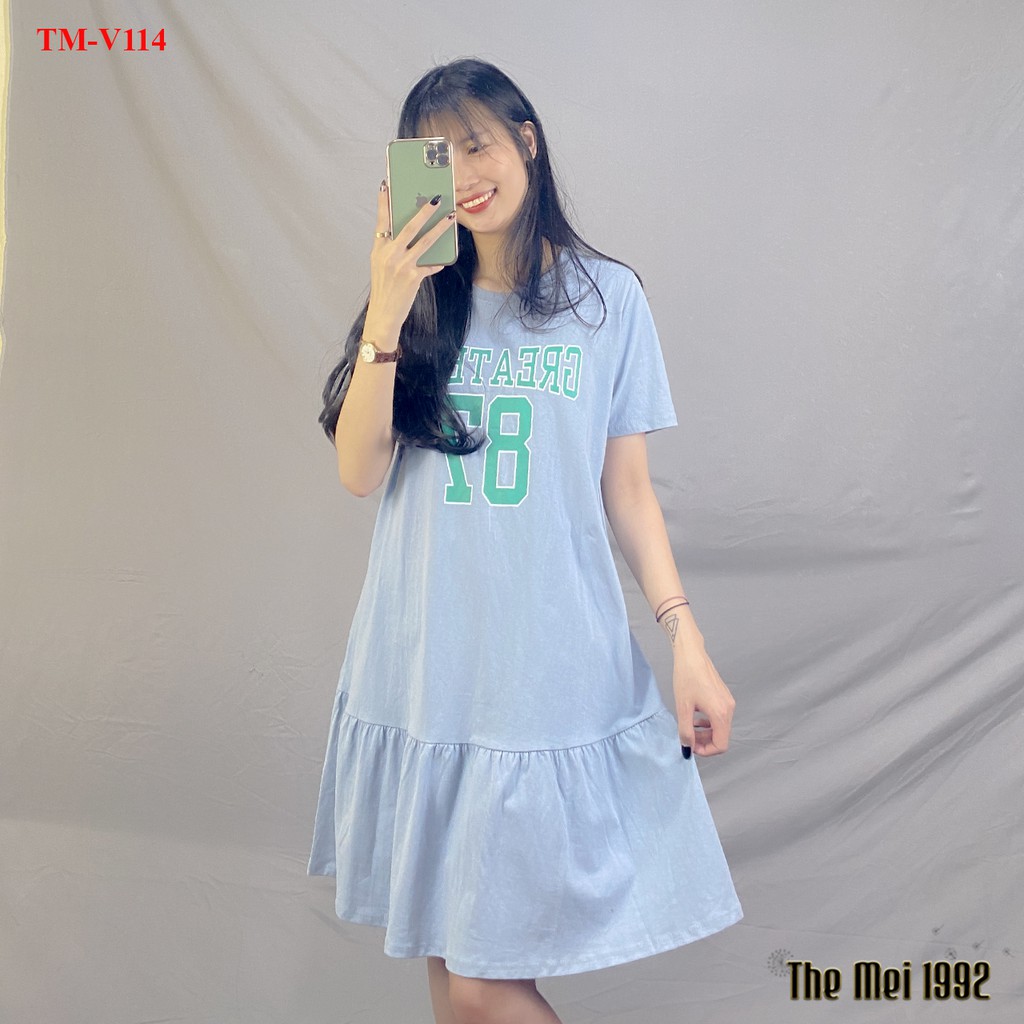 Váy thun suông nữ The Mei 1992 - Đầm bầu cao cấp chất cotton mát dáng đuôi cá có chữ trước ngực siêu xinh | BigBuy360 - bigbuy360.vn