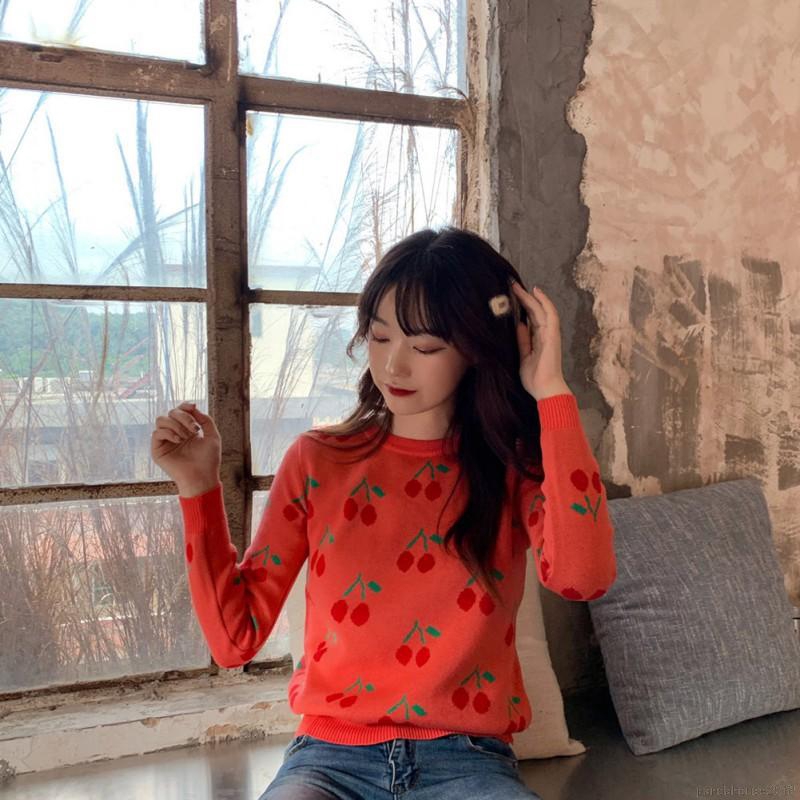 Women Autumn Knit Wool Clothing Cartoon Cherry Print Slim Long Sleeved Round Collar Slim Bottom Knit Sweater | BigBuy360 - bigbuy360.vn
