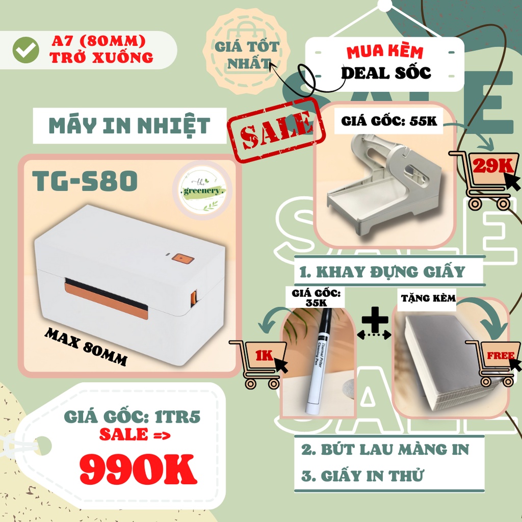 Máy in nhiệt The Greenery TG S80/ TG S108 In Đơn Hàng Shopee, Tem, Mã Vạch, Dùng Giấy In Nhiệt Tự Dính Phiên Bản Quốc Tế