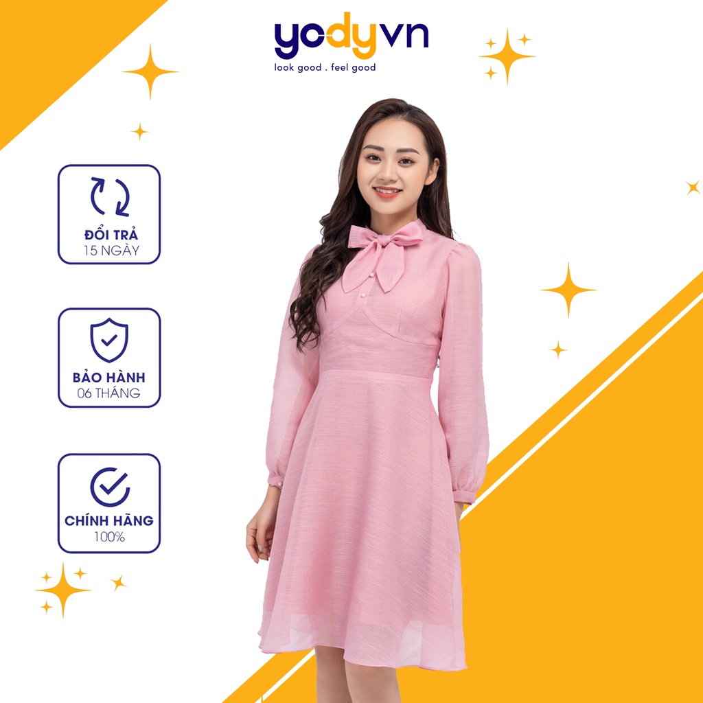 Đầm tơ cổ nơ Yody vải lụa siêu xinh-VDN4098