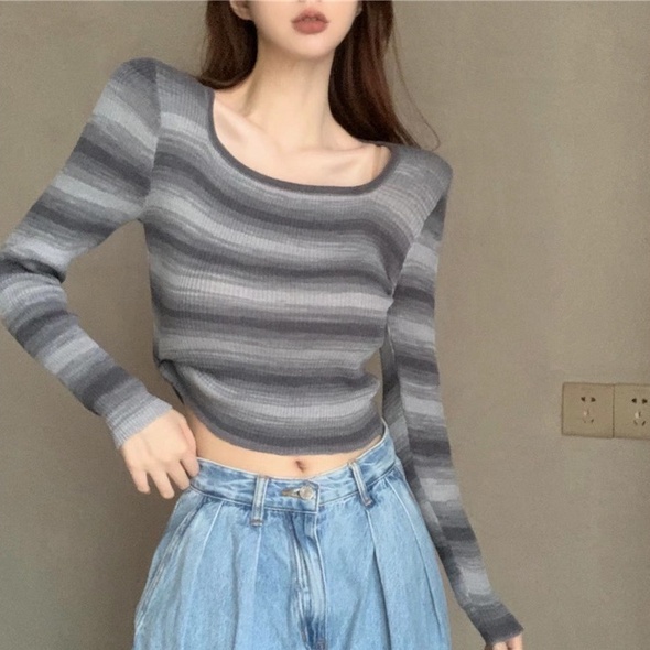 Áo Dệt Kim Tay Dài Trễ Vai Eo Cao Thời Trang Quyến Rũ Cho Nữ