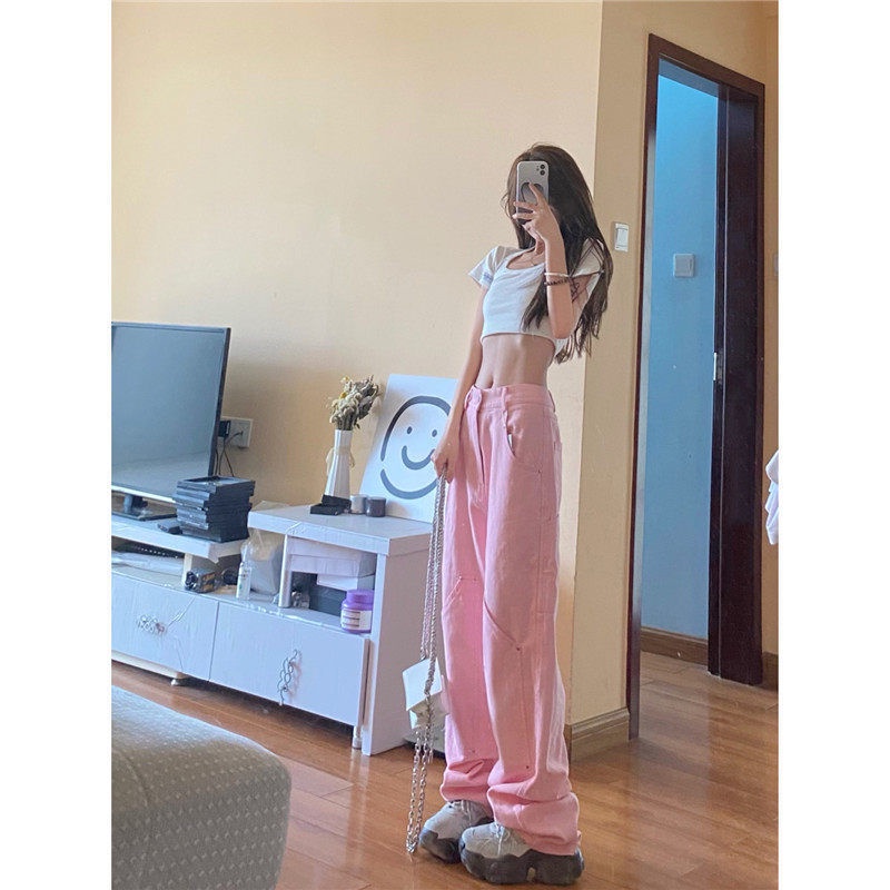 ◈❣▣Quần Jean Hồng Lưng Cao Ống Rộng Phong Cách Hàn Quốc Thời Trang Mùa Hè Mới Cho Nữ