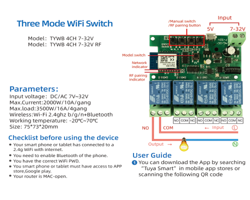 Rơ le công tắc thông minh TYWR APP USB 5V/DC7-32V 433MHZ 4 kênh kết nối wifi