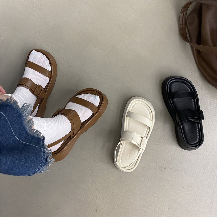 Giày sandal jinxchoy hở ngón mũi tròn đế dày thoải mái có khóa cài phong cách thời trang mới
