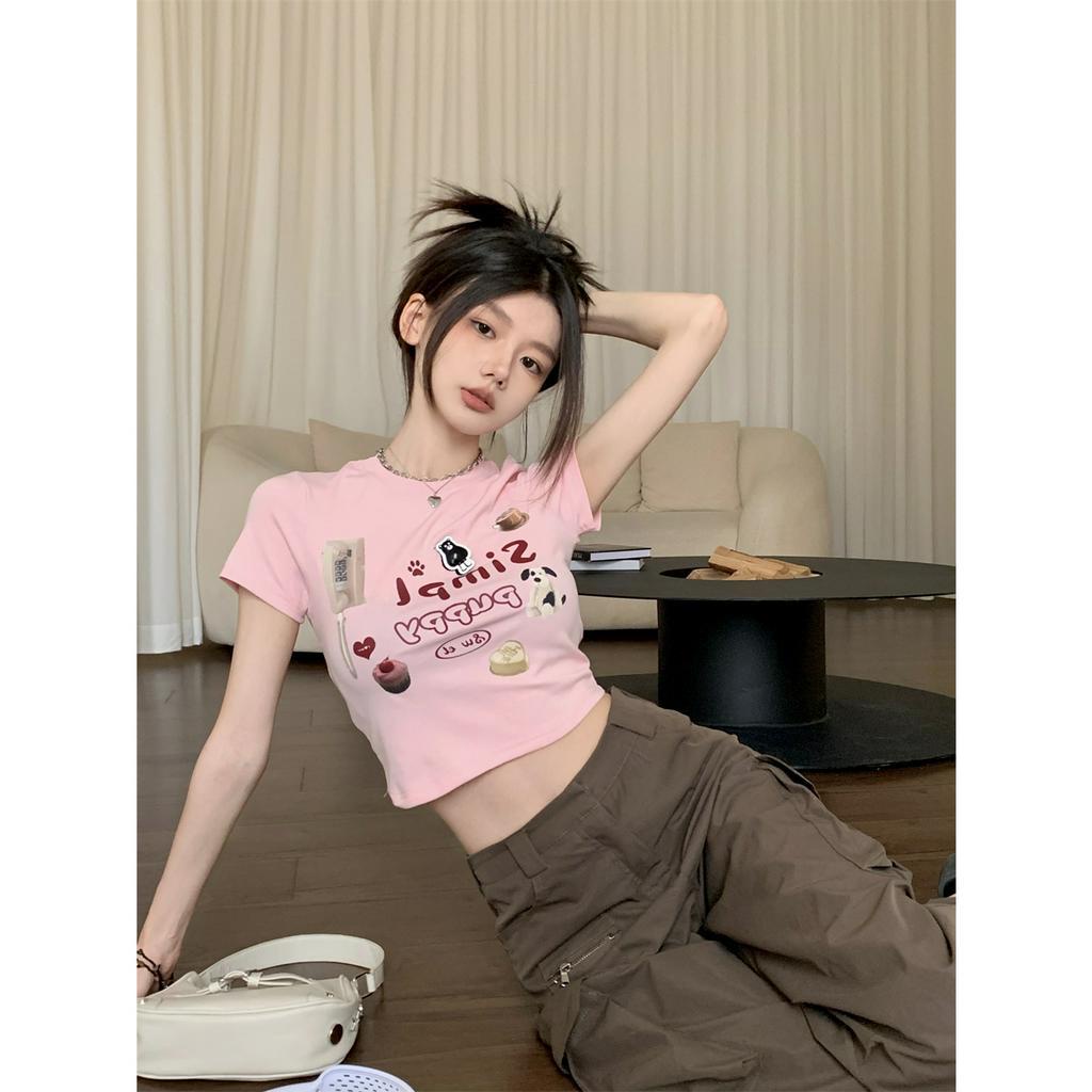 Ethelgirl Áo Thun Tay Ngắn Dáng Ôm In Chữ Và Hoạt Hình Phong Cách Hàn Quốc Thời Trang Cho Nữ