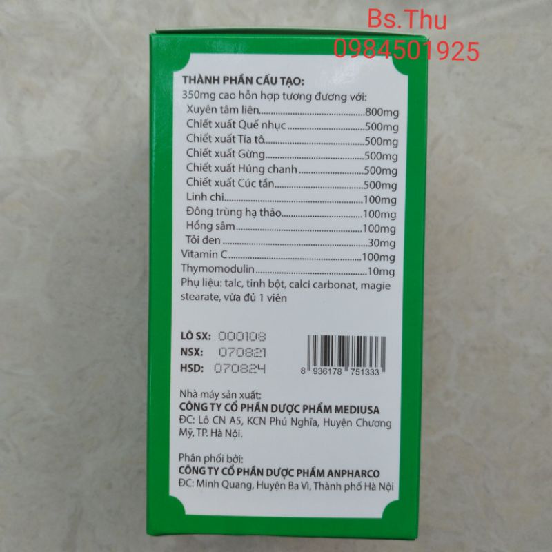 Lọ 30 viên Xuyên Tâm Liên Thymodulin hỗ trợ tăng cường đề kháng, tăng miễn dịch đường hô hấp