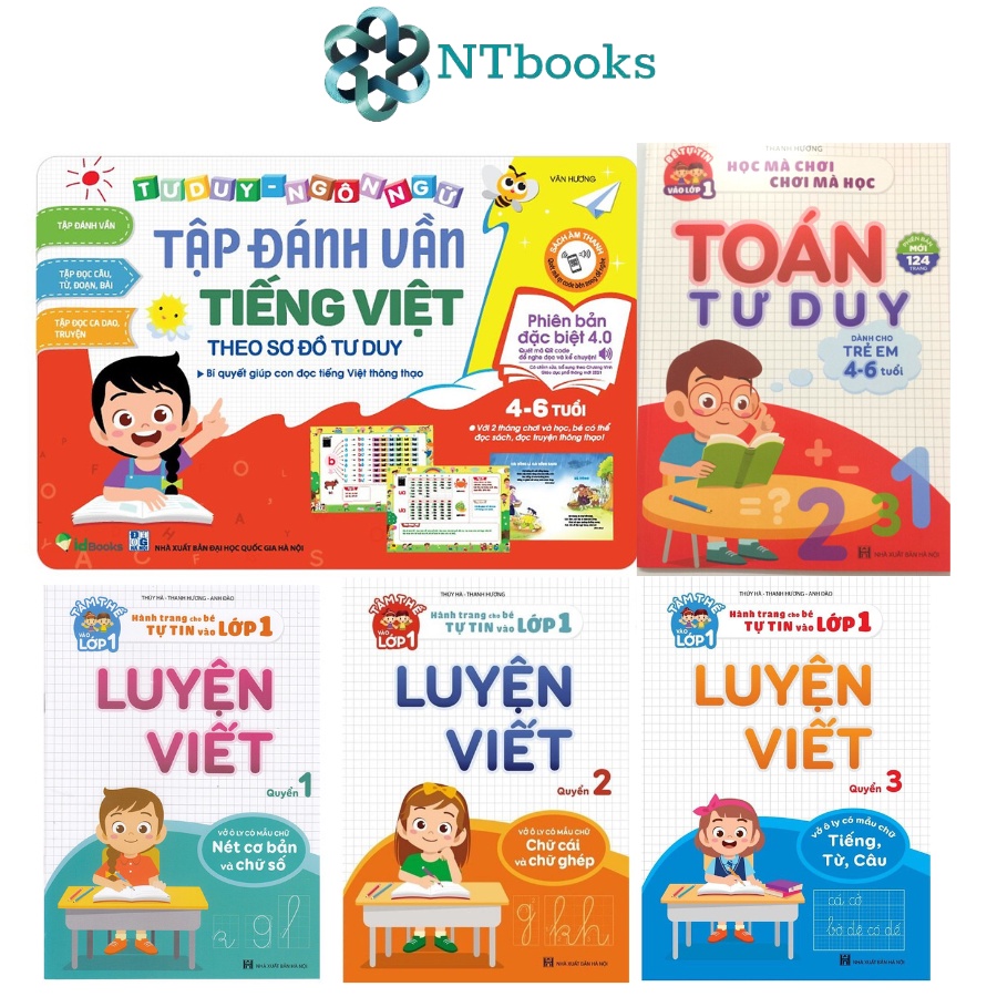 Combo 5 cuốn sách cho bé từ 4-6 tuổi: Tập đánh vần 4.0 - Toán tư duy - Luyện viết 1,2,3