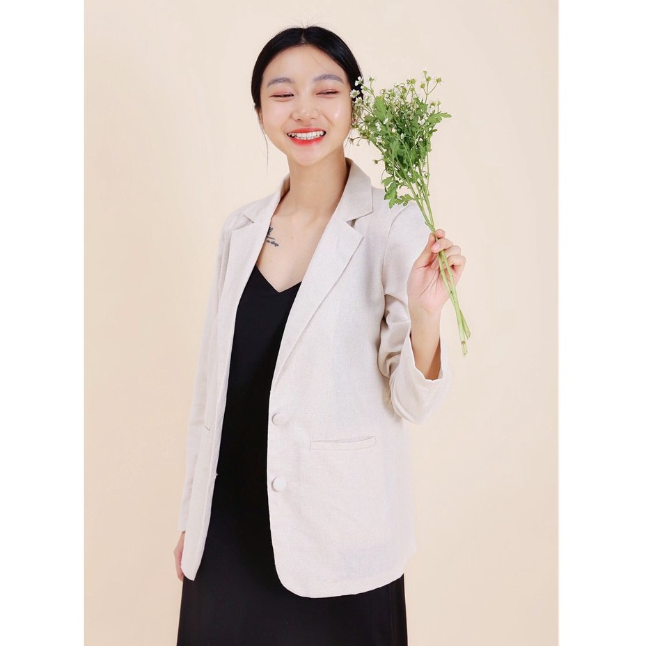 Áo vest nữ blazer KHÀN chất liệu linen màu trắng đục tay dài 1 lớp thời trang công sở Hàn Quốc