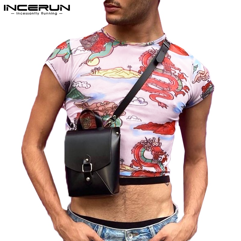 Áo thun INCERUN ngắn tay dáng ôm in họa tiết rồng thời trang cho nam