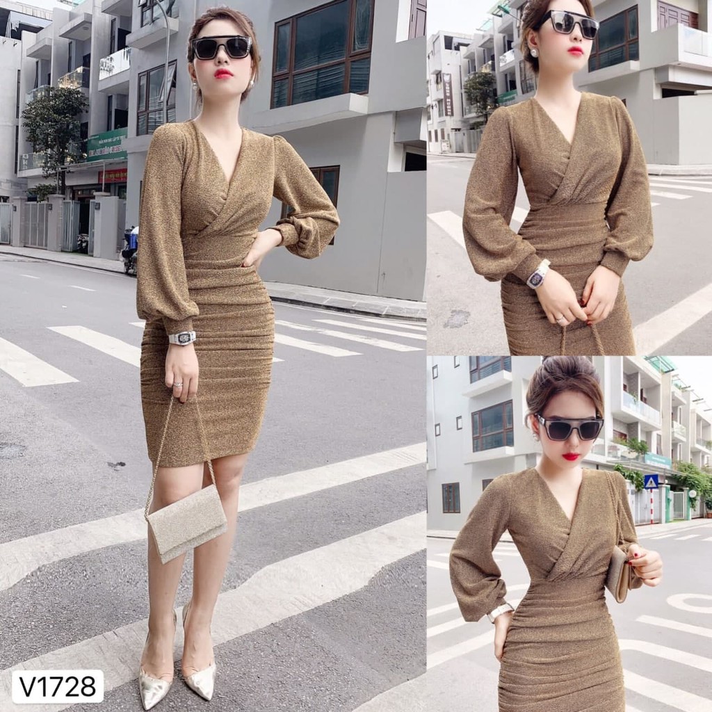 Đầm thiết kế nhũ ánh kim tay dài bống dáng ôm tôn dáng sang chảnh V1728_Daly Fashion [Kèm ảnh thật]