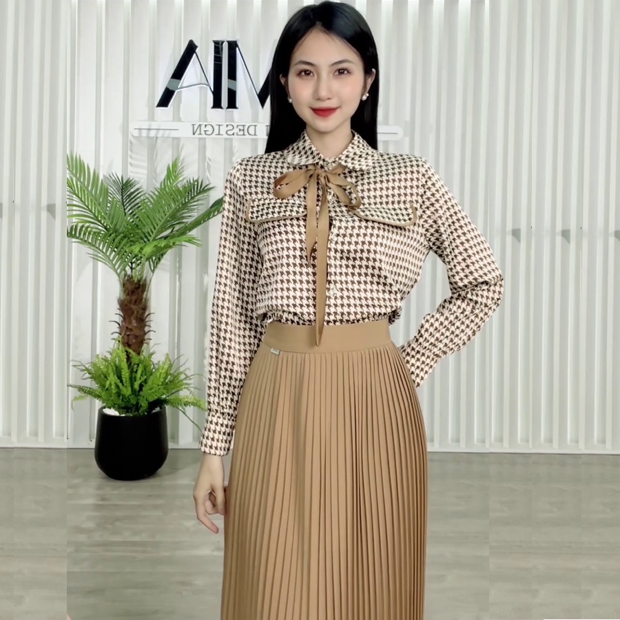 Áo sơ mi nữ màu nâu tây thắt nơ tròn SM257 Lamia Design