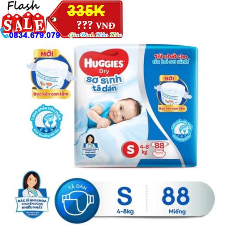 Tã dán sơ sinh Huggies S88 - Size S 88 Miếng - Cho bé dưới 4-7 Kg