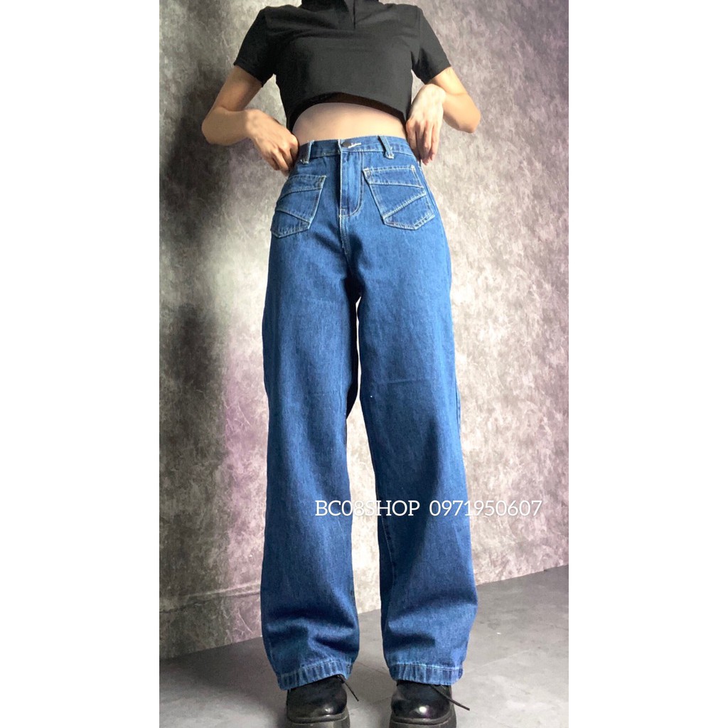 Quần Jean Ống Rộng Lưng Cao Túi Trước 2 màu Đen Xanh Hot BC144 | BigBuy360 - bigbuy360.vn