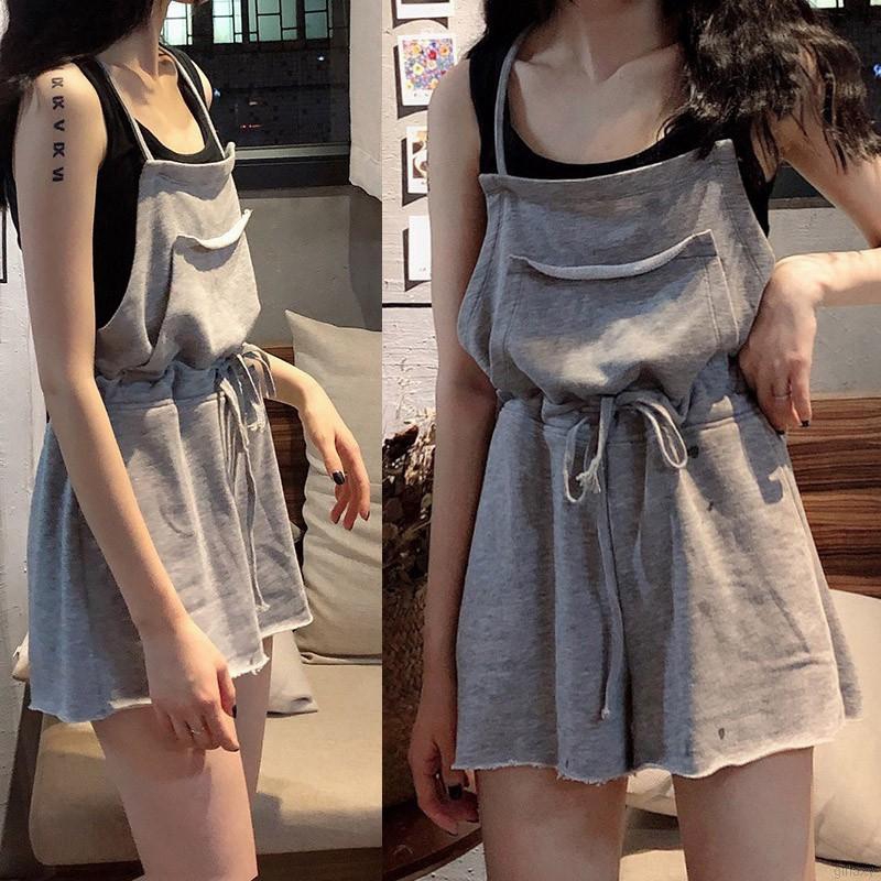 Áo thun ba lỗ màu đen trơn/Quần yếm eo cao dáng rộng phong cách Hàn Quốc dành cho nữ