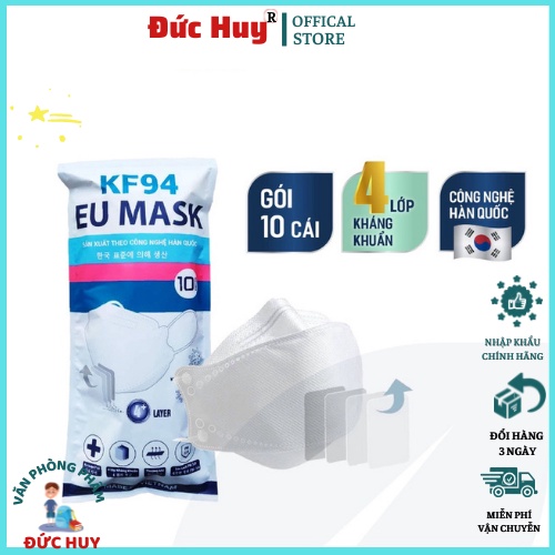 Khẩu trang KF94 EU MASK công nghệ Hàn Quốc, Khẩu trang kháng khuẩn 4 lớp ngăn ngừa bụi mịn bảo vệ đường hô hấp