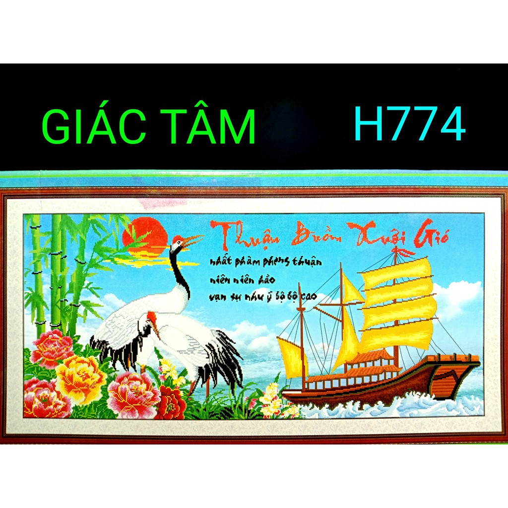 Tranh đá THUẬN BUỒM XUÔI GIÓ - 128x59cm - H774 - HOA MẪU ĐƠN HẠC TRÚC MẶT TRỜI BIỂN THUYỀN BUỒM CHỮ - tranh đá chưa làm