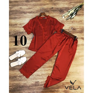 Bộ đồ ngủ quần dài phối Ren Cổ Tim lụa Satin VELA