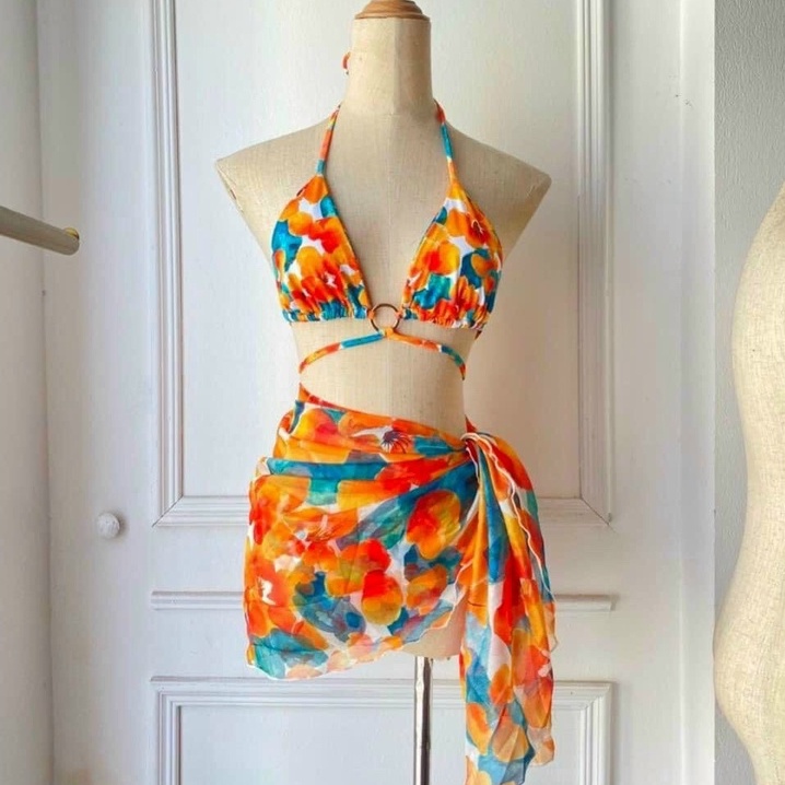 Bikini đồ bơi nữ 2 mảnh 3 món họa tiết hoa cam sexy kèm khăn cao cấp GALASSIA