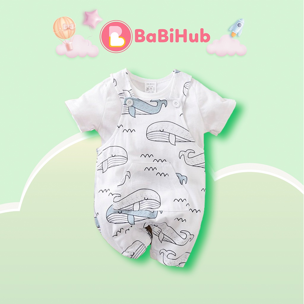 Bộ Quần Áo Cộc Tay Bé Trai Bé Gái Từ 0 - 18 Tháng Tuổi Họa Tiết Cá Voi Chất Liệu Cotton Thoáng Mát_19601372