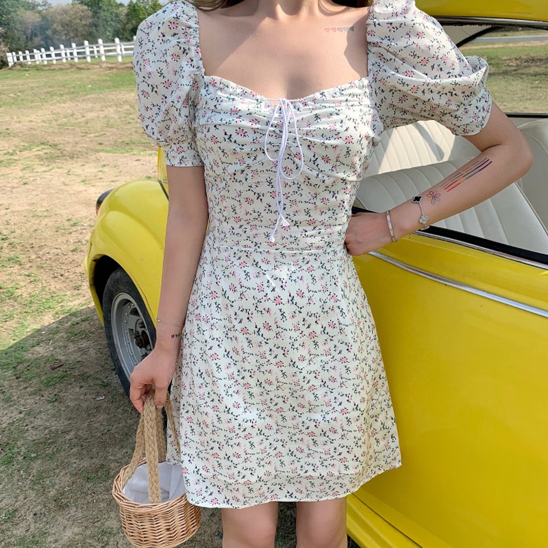 Đầm ngắn tay bằng voan họa tiết hoa phong cách retro Hàn Quốc thời trang dành cho nữ