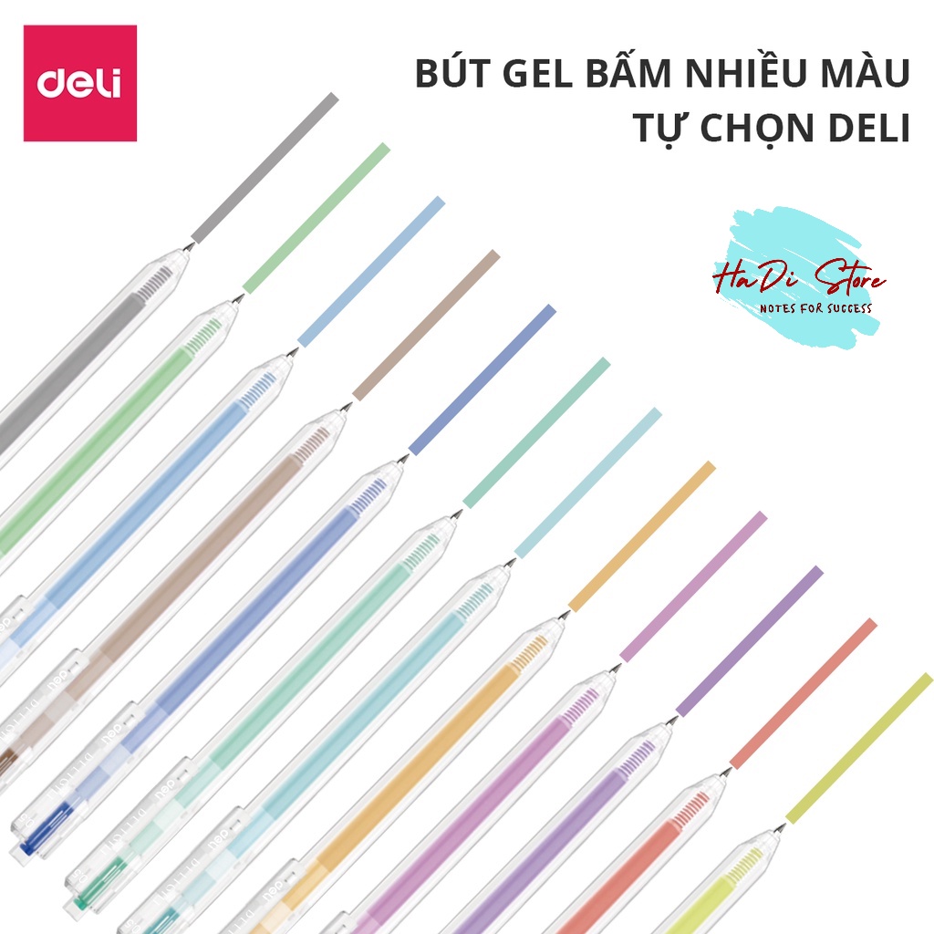 Bút bi bấm mực gel nhiều màu nét 0.5mm DELI nhanh khô viết trơn tru đều màu