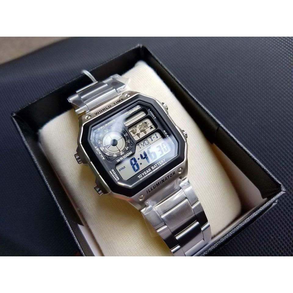 Đồng Hồ Nam CASIO AE-1200 Dây Kim Loại - Pin mạnh mẽ - Chống Nước 3atm. Trẻ trung năng động tặng kèm quà tặng hấp dẫn