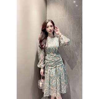 Váy midi cổ trụ xếp ly chiết eo nhún tay dài bo chun 0VMD.01131