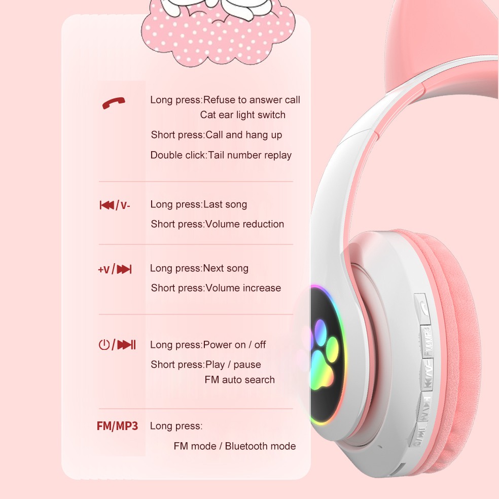 Tai nghe chơi game tai mèo đáng yêu không dây bluetooth V5.0 có mic/phụ kiện đèn LED thích hợp cho các bạn nữ trẻ