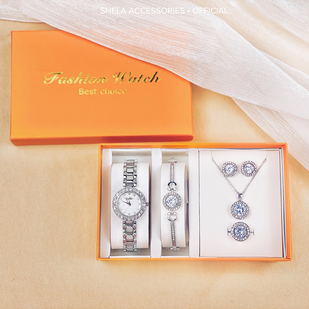 Đồng hồ nữ đẹp chính hãng set 5 món màu bạc đính đá sang chảnh LUSHIKA LK04