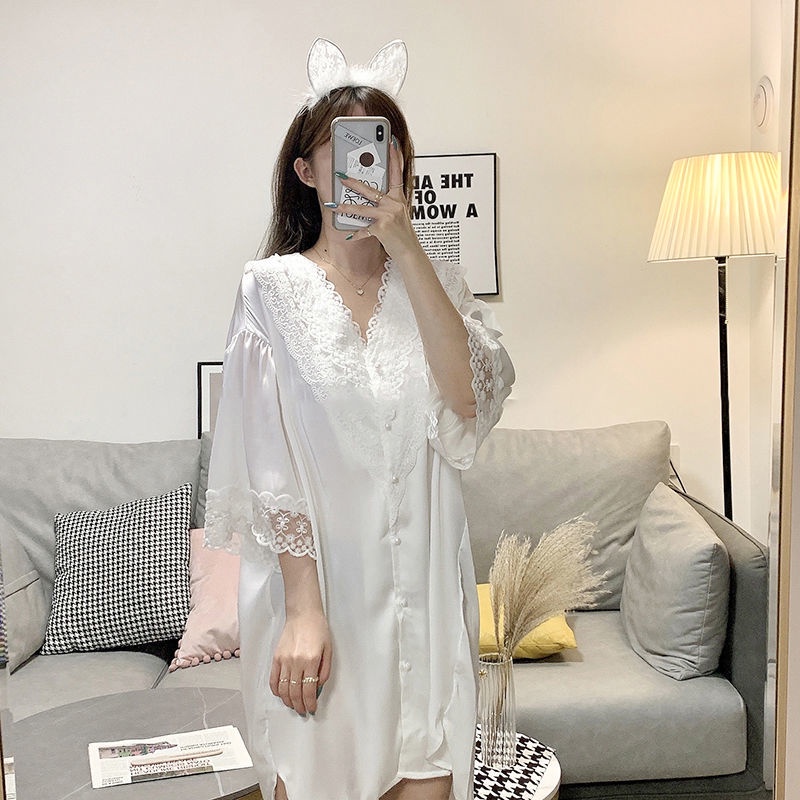 Bộ đồ ngủ vải voan tay ngắn phối ren phong cách Hàn Quốc mới cho nữ