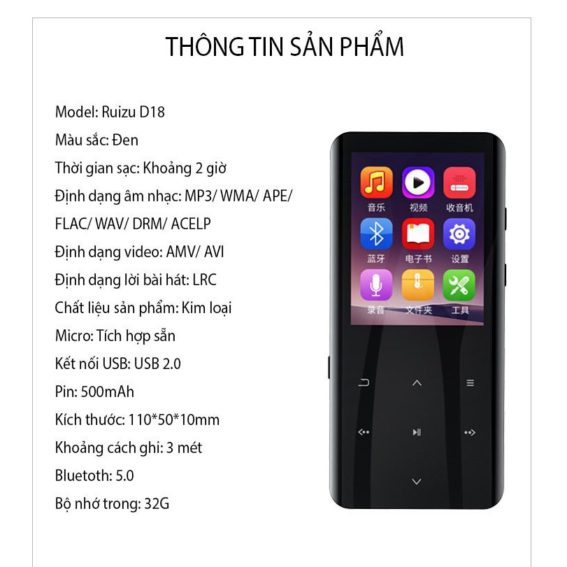 [HÀNG CHÍNH HÃNG] MÁY NGHE NHẠC MP3, XEM PHIM KHÔNG DÂY MÀN HÌNH CẢM ỨNG BLUETOOTH RUIZU D18 BỘ NHỚ TRONG 32GB