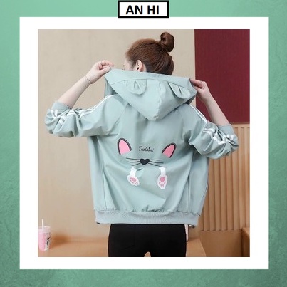 Áo khoác nữ dù 2 lớp 💚𝗙𝗥𝗘𝗘𝗦𝗛𝗜𝗣💚hoodie có mũ nón bomber xanh form rộng chống nắng mùa đông tai thỏ, tai mèo