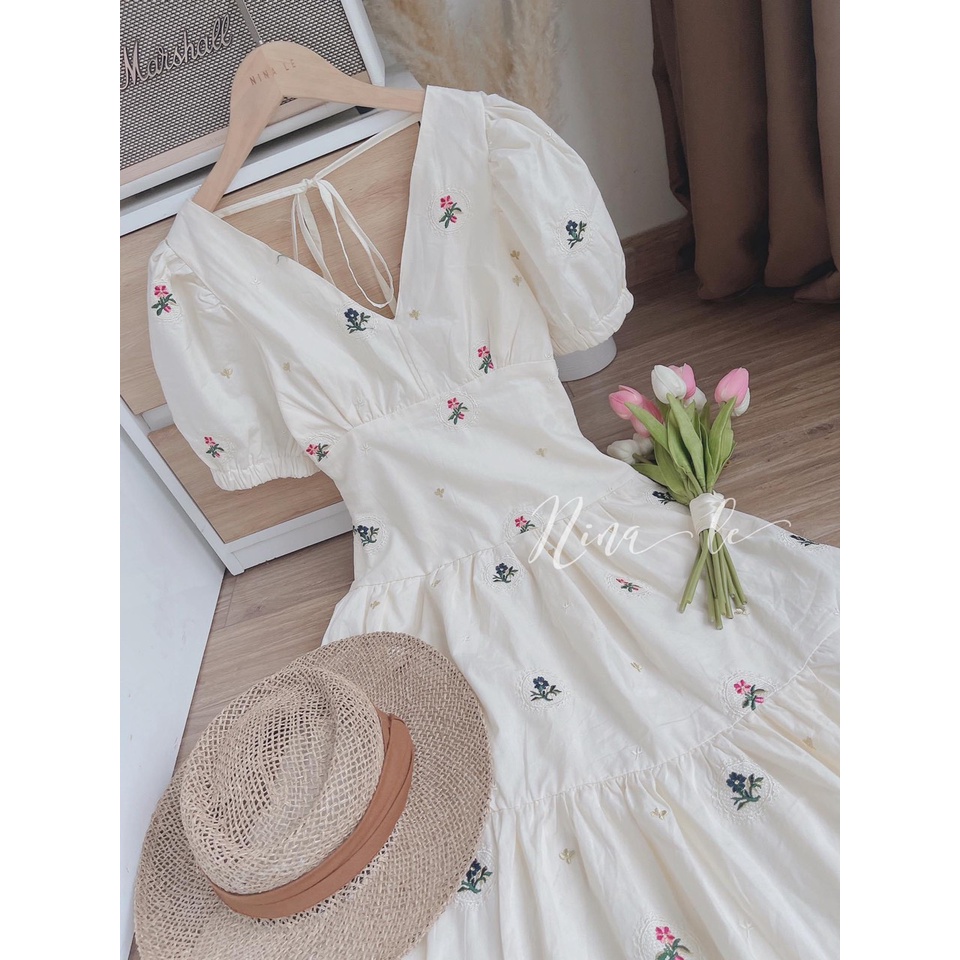 [10.10 Sale Freeship] Đầm váy nữ maxi cổ V tay phồng hở lưng, đầm dáng dài hóa nhí đơn giản công chúa bánh bèo xinh xắn