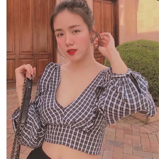 Áo caro tay bồng xuất zara