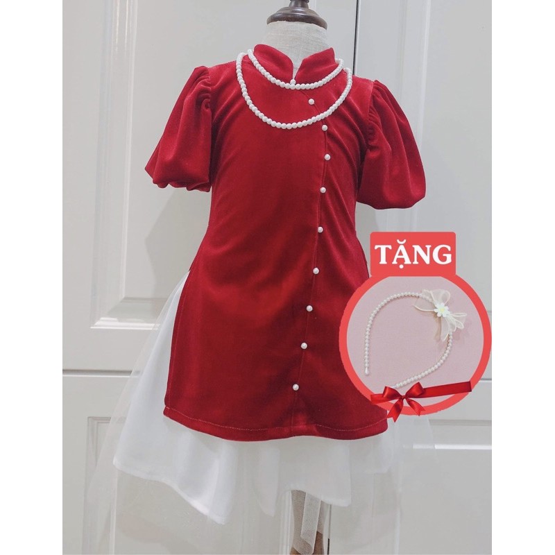 ÁO DÀI CÁCH TÂN BÉ GÁI⚡TẶNG KÈM BỜM NGỌC+ VÒNG NGỌC Ở CỔ⚡ chất nhung mềm, chân váy lớp lót chất vải lụa